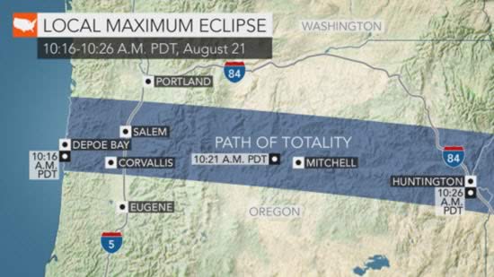 aximum Eclipse, map of totality, Western US