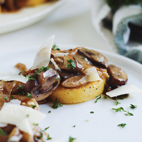 Seared Polenta Rounds with Mushrooms and Caramelized Onions