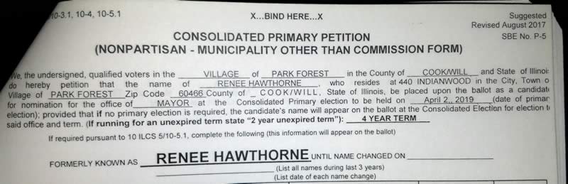 Renee Hawthorne, consolidated primary petition, election, Park Forest