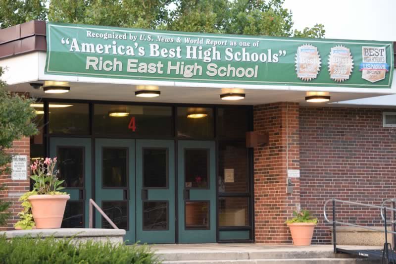 Entrance to Rich East High School on Sauk Trail