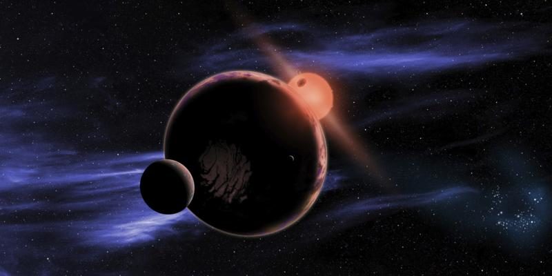 An artist’s conception shows a hypothetical planet with two moons orbiting within the habitable zone of a red dwarf star. 
