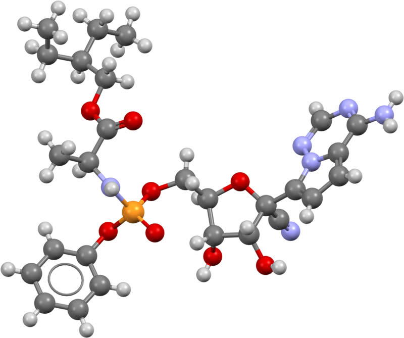Ball-and-stick model of a remdesivir molecule