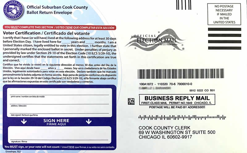 return mail ballot envelope Cook County 2020