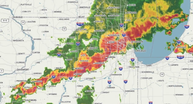 This radar image taken at 11 p.m. CDT, Sunday shows a line of severe thunderstorms approaching the greater Chicago metro.