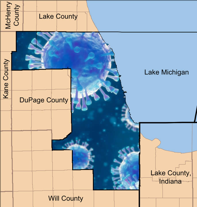 Map of Cook County with COVID backdrop