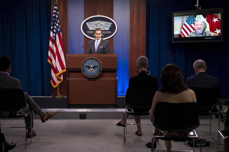 Pentagon Press Secretary John F. Kirby and Marine Corps Gen. Kenneth F. McKenzie Jr., commander of U.S. Central Command, brief the media at the Pentagon, Aug. 26, 2021.