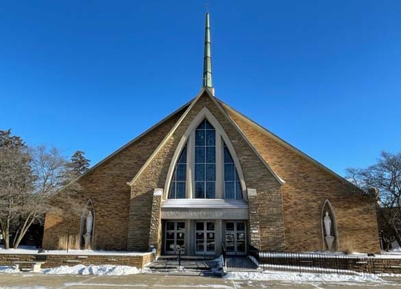 Church front with tall steeple, St, Irenaeus, Renew my Church