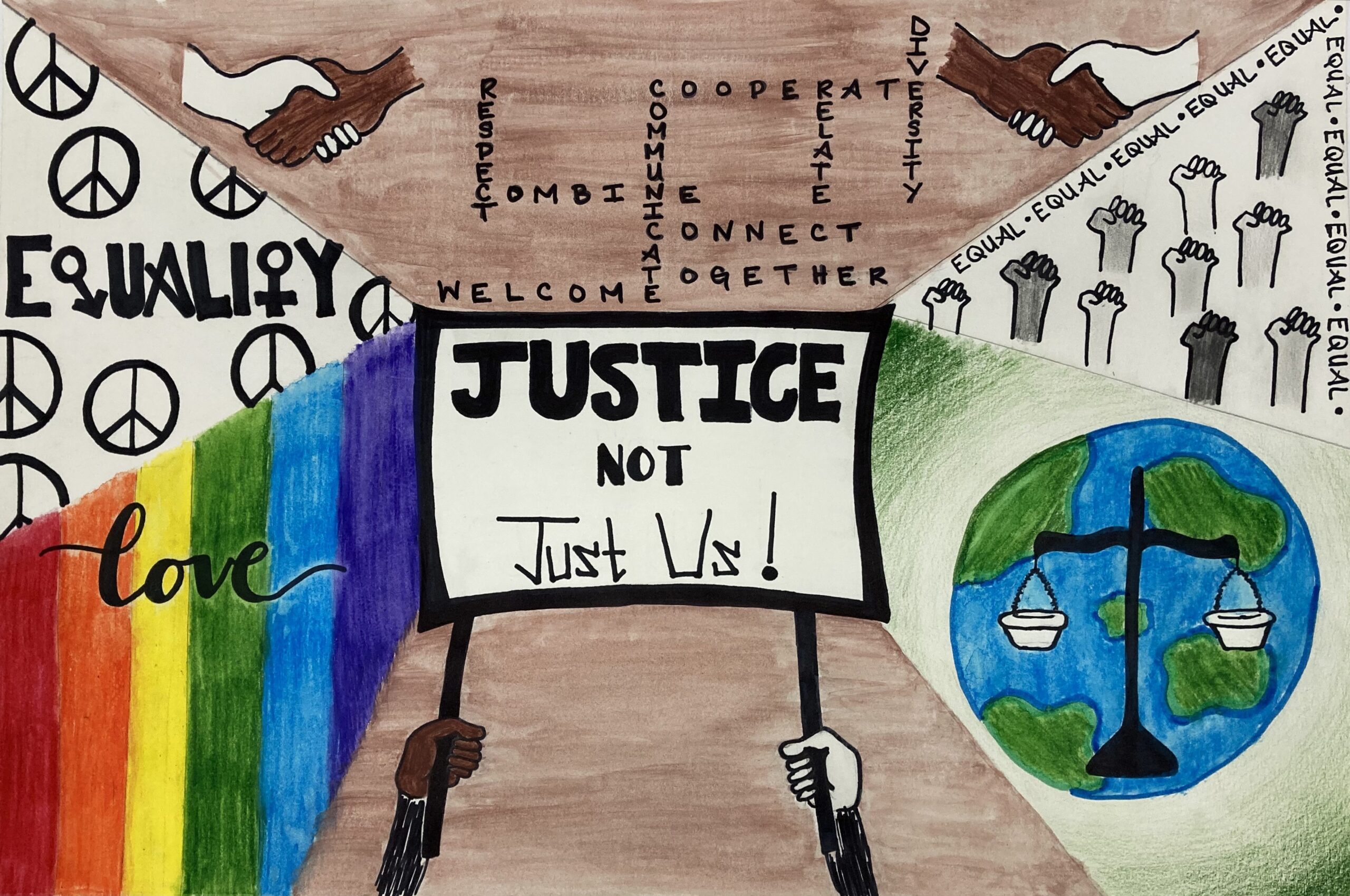 collage of images showing signs and symbols for equal justice