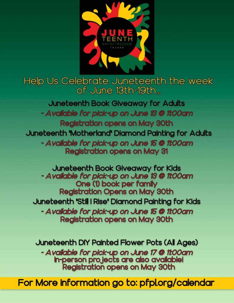 Juneteenth logo in front of red, green and yellow design