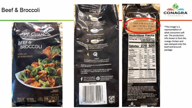 22-oz. plastic bag packages containing “P.F. CHANG’S HOME MENU BEEF & BROCCOLI” with lot code “5006 2146 2012” and “BEST BY MAY 21 2023”.