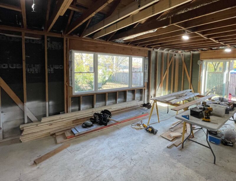 a room with no plasterboard under construction with tools in the foreground, the latest Park Forest rehab project