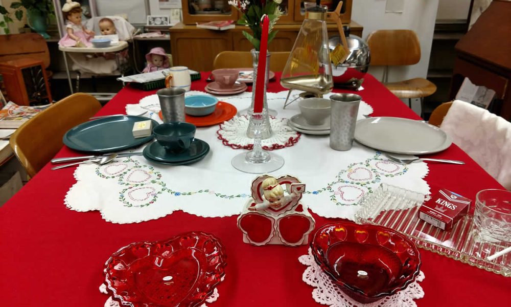 A table set for a 1950s Valentine's Day dinner