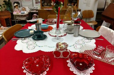A table set for a 1950s Valentine's Day dinner
