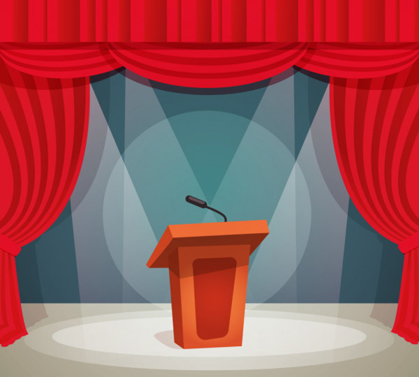 drawing of a lectern with microphone on an empty stage
