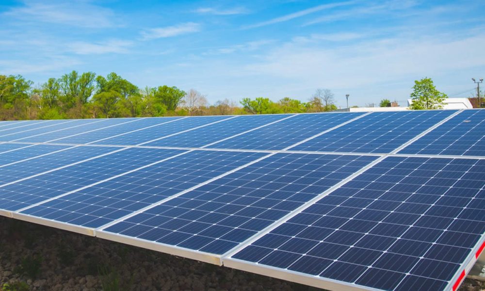 solar panels under a blue sky