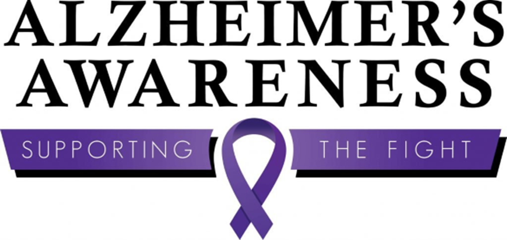 Alzheimer's Awareness banner over a purple ribbon