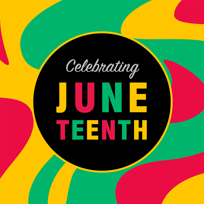 Celebrating Juneteenth encircled by a colorful graphic
