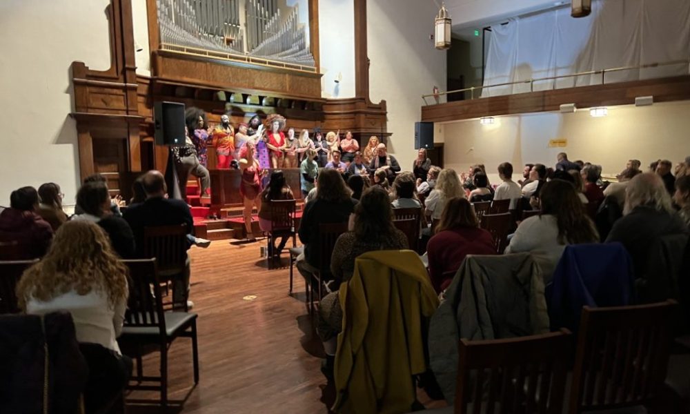 Performers at a March drag show in Athens, Ohio gather onstage for a curtain call after their performance. The show took place at the Southeast Ohio History Center, formerly the First Christian Church in Athens. Photo: Laura Harbert Allen/100 Days in Appalachia