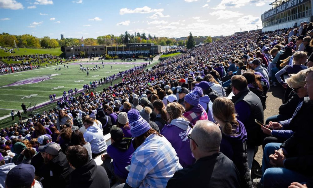 A record 20,113 fans packed Perkins Stadium on Saturday, Oct. 7, for a WIAC conference football game that the Warhawks lost to UW-La Crosse in the final seconds of play, 37-34. The game was held during the university's Family Fest celebration. (UW-Whitewater photo/Craig Schreiner)