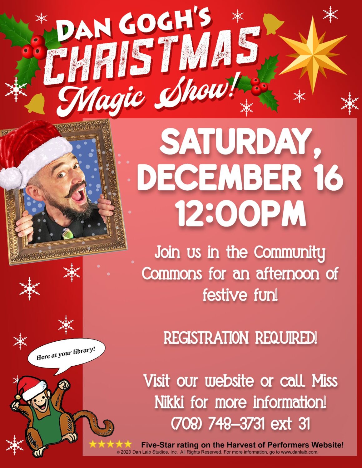 poster with picture of man wearing Santa hat holding a frame around his head