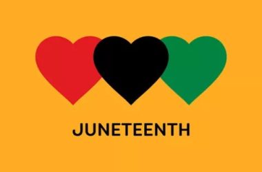 three overlapping hearts above the word Juneteenth