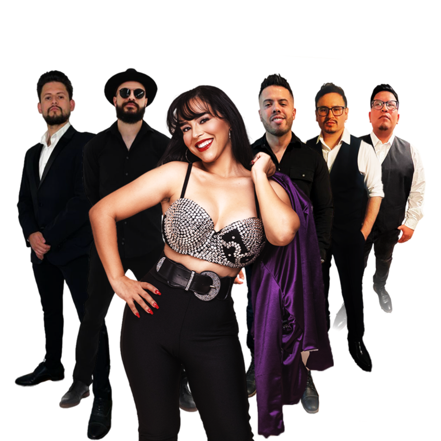 woman standing with coat over her shoulder with five men standing behind her