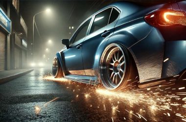 rims throwing sparks, blue car driving on rims