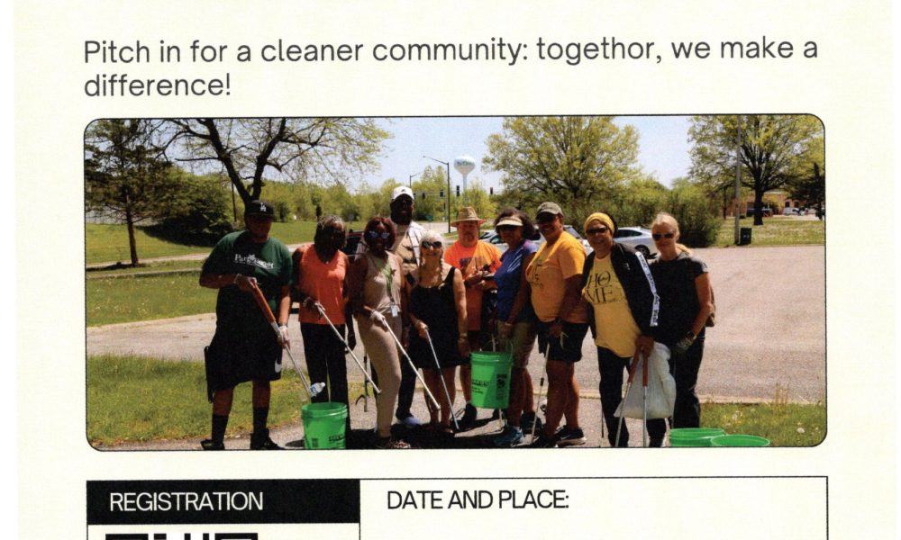 poster with a group of people holding clean-up tools