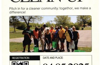 poster with a group of people holding clean-up tools