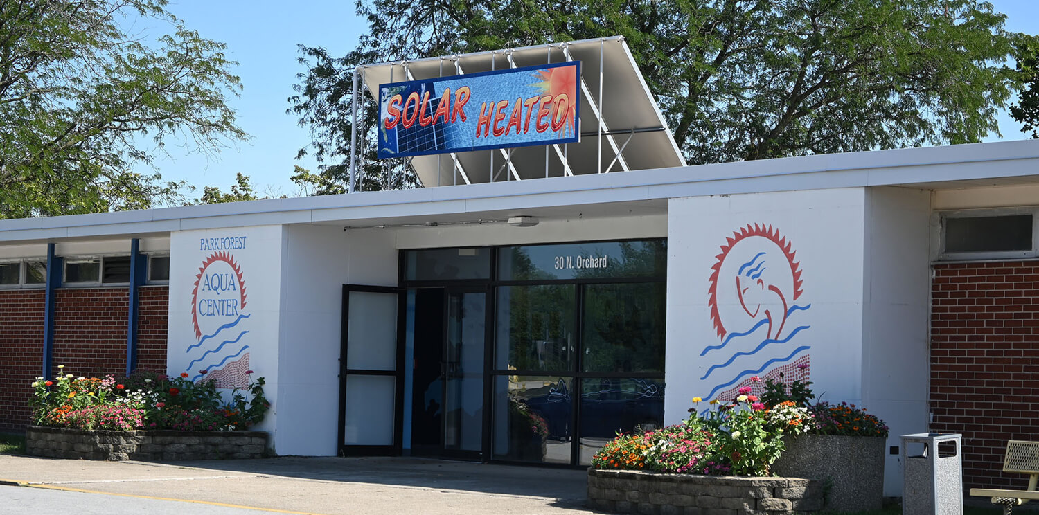 front of a municipal pool building