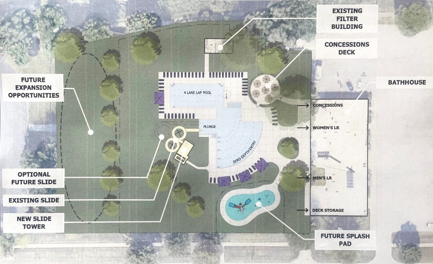 aerial view of a municipal pool with modifications highlighted