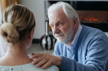 mindfulness training, older man comforts a woman